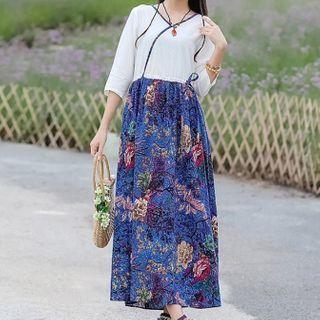 3/4-sleeve Floral Panel Midi Dress