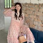 Puff-sleeve Flower Print Midi A-line Dress Pink Floral - Light Almond - One Size