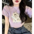 Cartoon Embroidered Knit Crop Top