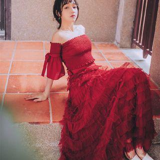 Set: Elbow-sleeve Top + Tiered Maxi Skirt