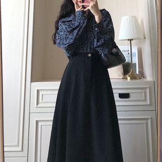 Floral Shirt / A-line Midi Skirt / Set