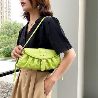 Faux Leather Shirred Buckled Shoulder Bag