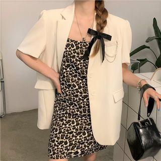 Short-sleeve Blazer / Spaghetti Strap Leopard A-line Dress
