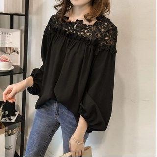 Long-sleeve Plain Panel Crochet Lace Chiffon Blouse