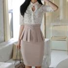 Set: Short-sleeve Lace Blouse + Mini Fitted Skirt
