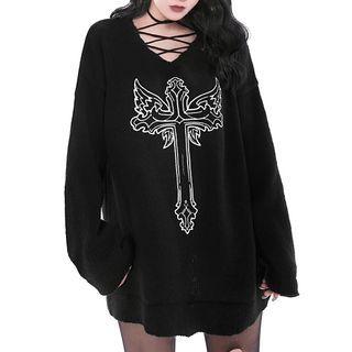 Cross Print Sweater Black - One Size