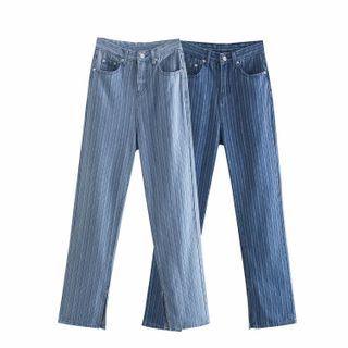 High-waist Striped Slit Straight Leg Jeans