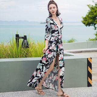 Floral Print Elbow Sleeve Maxi Dress