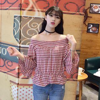 Off-shoulder Bell-sleeve Gingham Sheath Slim T-shirt