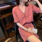 Set: Elbow-sleeve Jacquard Button Knit Top + Mini A-line Skirt