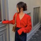 Puff-sleeve V-neck Cardigan Red - One Size