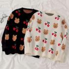 Round-neck Bear Pattern Long-sleeve Sweater Almond - One Size