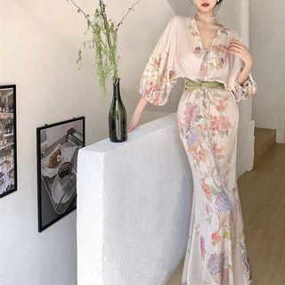 3/4-sleeve Floral Maxi Sheath Dress Pink Flower - White - One Size