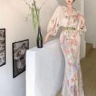 3/4-sleeve Floral Maxi Sheath Dress Pink Flower - White - One Size