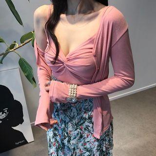 Set: Spaghetti Strap Crinkled Top + Cardigan