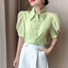 Puff-sleeve Dotted Bow Blouse Green - One Size