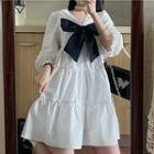3/4-sleeve Bow-front Tiered Mini A-line Dress
