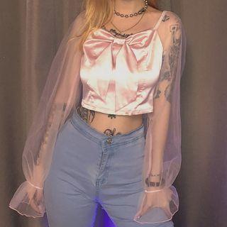 Bow-front Mesh Panel Long-sleeve Cropped Blouse