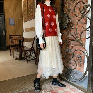 Printed Knit Vest / Midi A-line Mesh Skirt