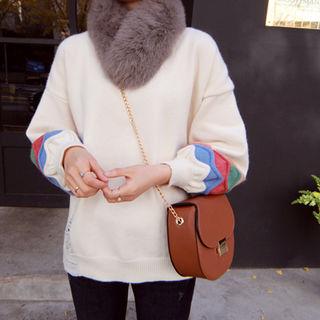 Contrast-trim Distressed Sweater Ivory - One Size