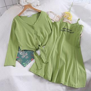 Set Of 2: Lettering Spaghetti Strap Dress + Lightweight Cardigan