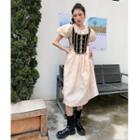 Puff-sleeve Midi A-line Dress / Contrast Trim Vest