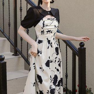 Set: Spaghetti-strap Floral Midi A-line Dress +short-sleeve Shrug
