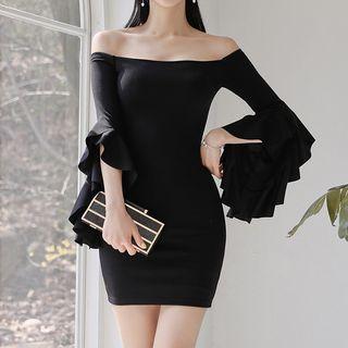 Long Sleeve Off-shoulder Plain Dress