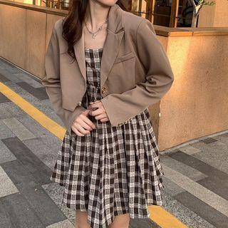 Spaghetti Strap Plaid A-line Dress / Crop Blazer
