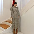 Scarf-neck Long Plaid Dress