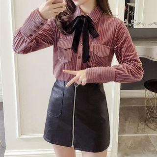Long-sleeve Tie Neck Striped Velvet Shirt