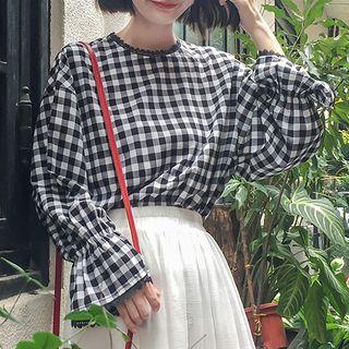 Lace-hem Checked Blouse Check - Black & White - One Size