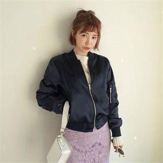 Lettering Embroidered Satin Flight Jacket