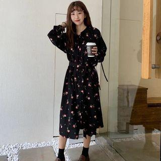 Floral Print Midi Chiffon Shirtdress As Shown In Figure - One Size