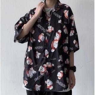 Elbow-sleeve Monkey Pattern Print Shirt