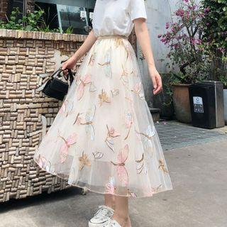 Sequined Dragonfly Mesh Midi A-line Skirt