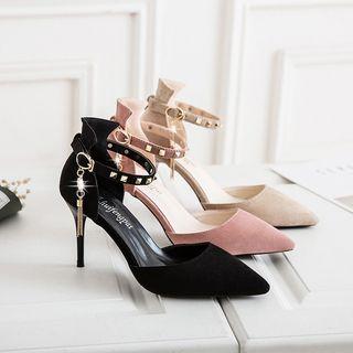 Faux Leather Tassel Studded Ankle Strap Pumps