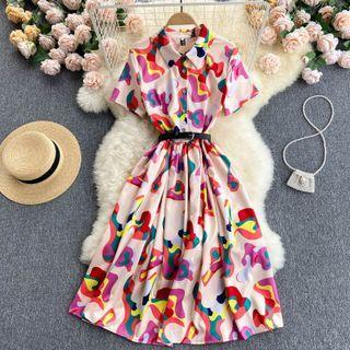 Short-sleeve Abstract Print Midi A-line Shirtdress