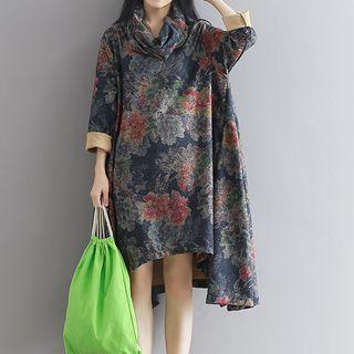 Floral Print Long-sleeve A-line Dress With Neck Warmer
