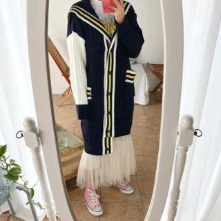 Sailor-collar Color-block Long Cardigan
