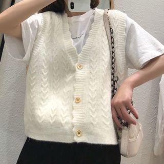 Knit Flower Trim Linen Flower V-neck Vest