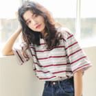 Elbow-sleeve Color-block Striped Sheath T-shirt