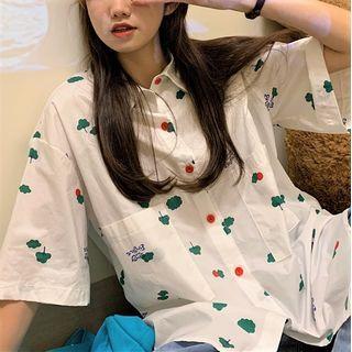 Elbow-sleeve Tree Print Shirt As Shown In Figure - One Size