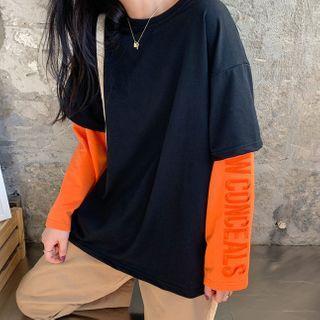 Mock Two-piece Long-sleeve Lettering Embroidered T-shirt