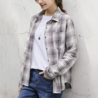Lettering-embroidered Plaid Shirt