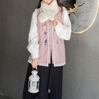 Long-sleeve Blouse / Lace Trim Vest / Midi A-line Skirt / Fluffy Scarf / Set