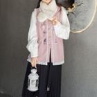 Long-sleeve Blouse / Lace Trim Vest / Midi A-line Skirt / Fluffy Scarf / Set