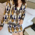 Set: Patterned V-neck Cardigan + Knit Mini Straight-fit Skirt Set Of 2 - As Shown In Figure - One Size