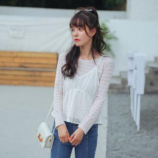 Set: Spaghetti Strap Lace Top + Long-sleeve Striped Top
