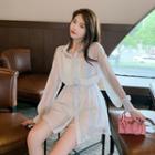 Set: Long-sleeve Sheer Shirt + Camisole Top + Shorts